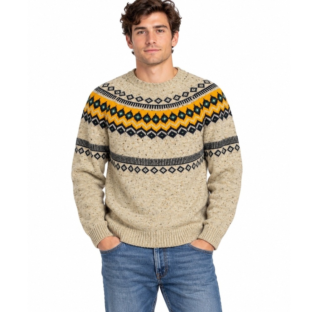 Weatherproof Vintage Mens Oatmeal Fair Isle Donegal Fleck Crewneck Sweater | L